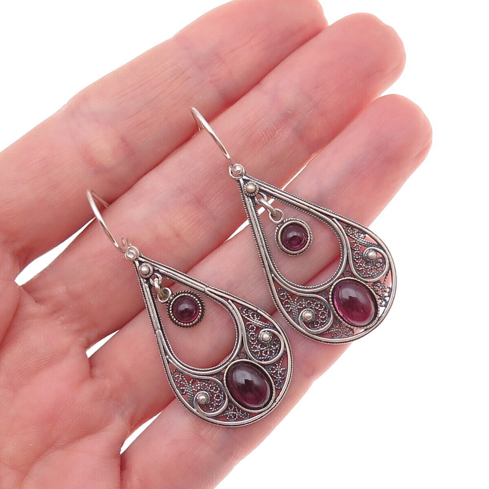 925 Sterling Silver Vintage Real Rhodolite Filigree Teardrop Dangle Earrings